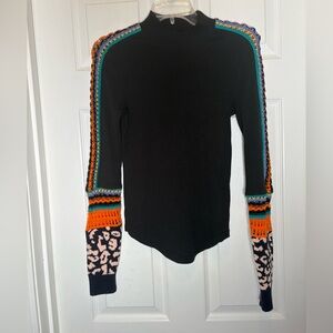 Free People Black Top with Colorful Crocket Sleeves. Size Small